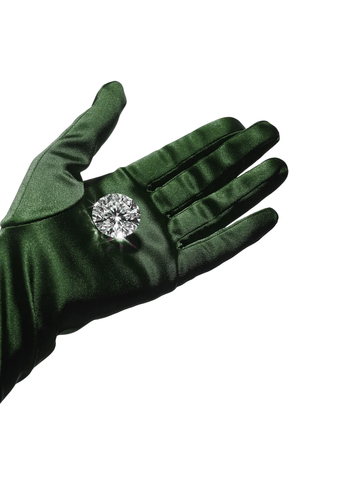Green glove holding a diamond